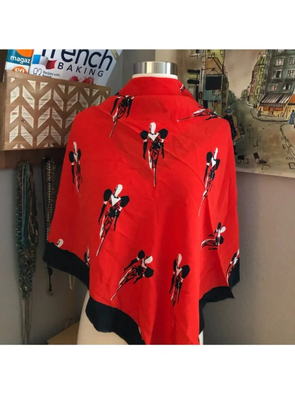 Vintage Christian Dior Silk Scarf Red Black White 50's Couture Evening Gown RARE